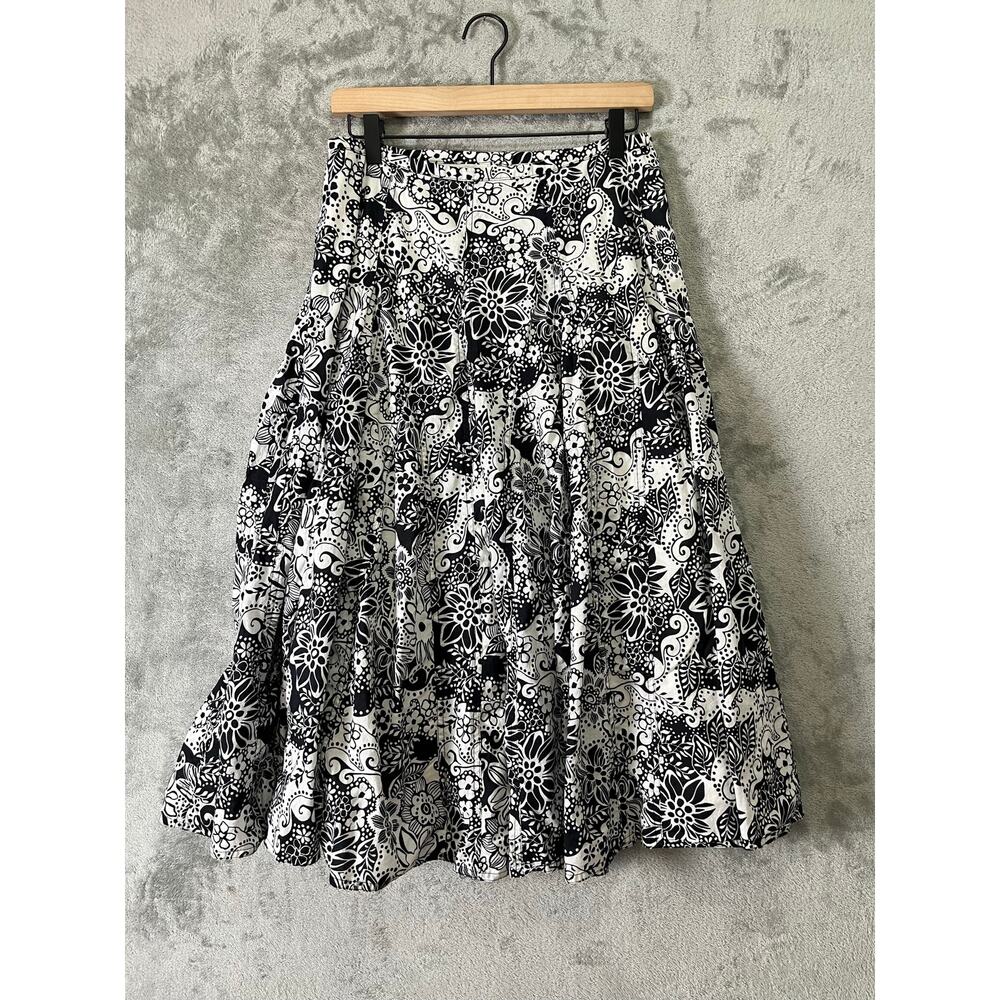 Vintage Black White Floral Paisley Skirt Cottagecore Boho Retro Medium Prairie